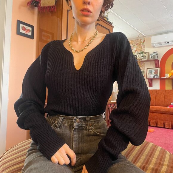 Tags Attached black knitted puffy sleeves drop sleeve plunge knitted sweater! - Picture 5 of 15